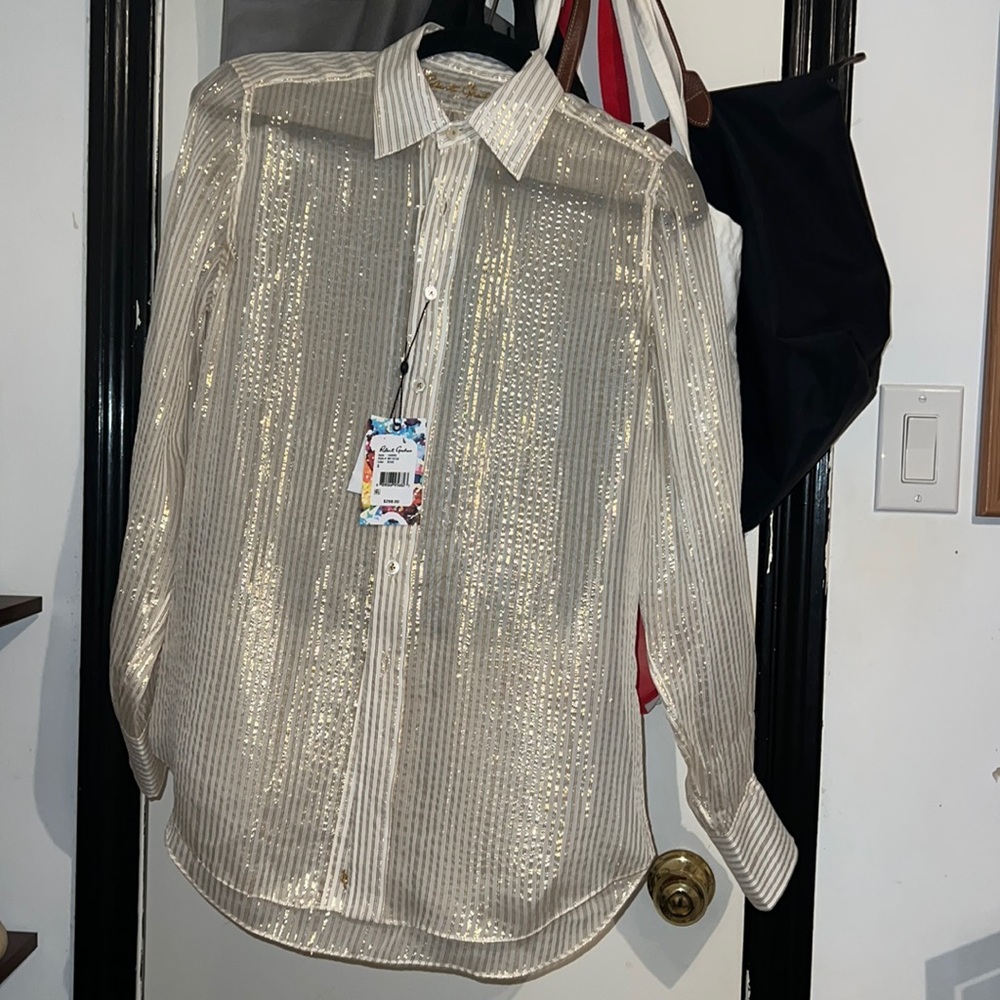 Cream with gold lines sheer blouse